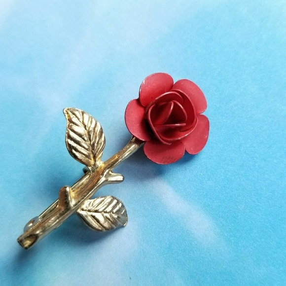 Vintage Jewelry - Vintage Red Rose Pin Brooch Gold Tone